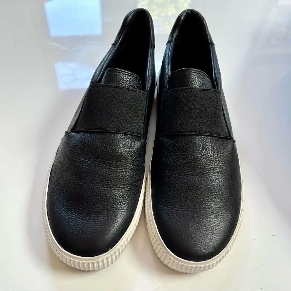 Classic VINCE Modern Black Pebble Leather Slip-on No Lace Banded Sneakers